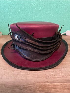 Head n Home hats Marlow Handcrafted Burgundy Leather Steampunk Top Hat